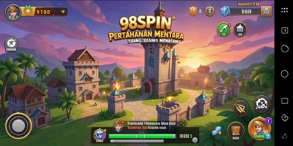 Tangkapan layar gameplay 98SPIN menampilkan serangan menara yang strategis melawan musuh.