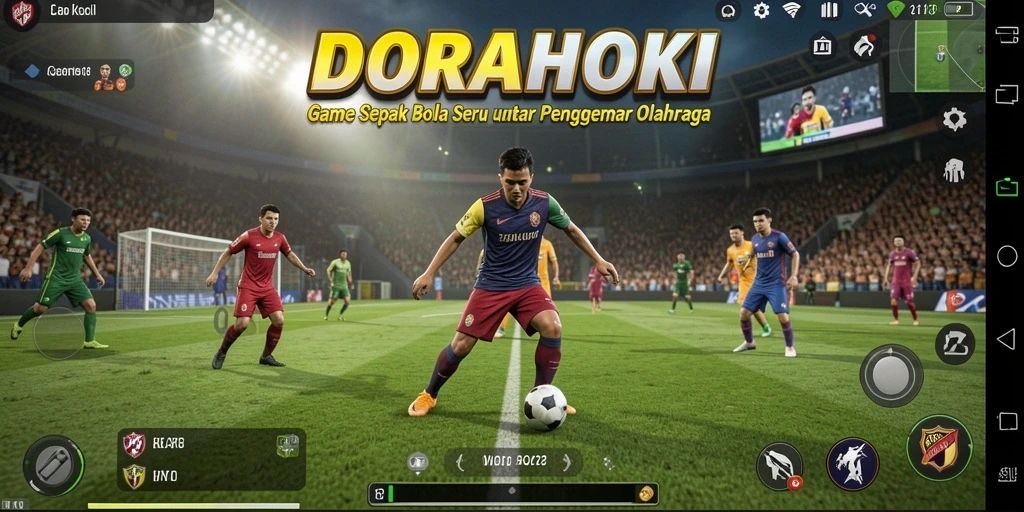 Tampilan gameplay DORAHOKI yang mengasyikkan di lapangan sepak bola.