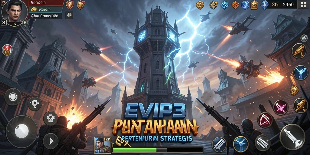 Screenshot gameplay Tower Defense EVIP3 menampilkan menara dan musuh yang sedang bertempur.