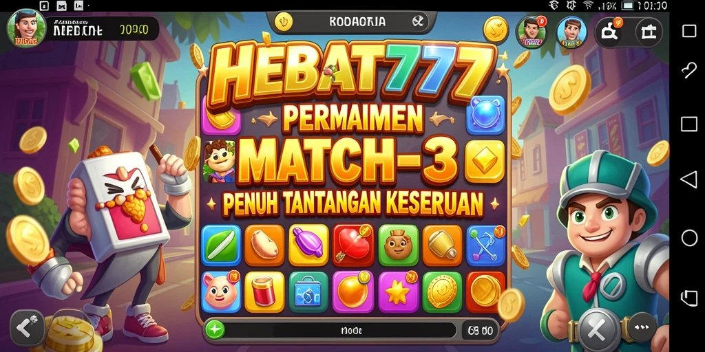 Tangkapan layar permainan HEBAT777 menunjukkan tantangan mencocokkan permata yang berwarna-warni.