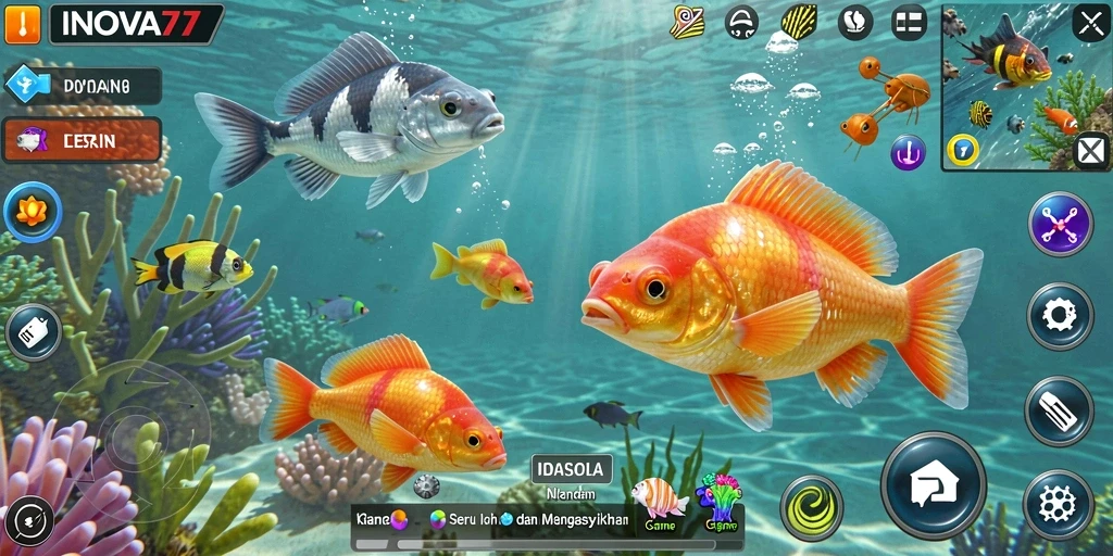 Screenshot utama INOVA77 menampilkan gameplay Tembak Ikan yang menegangkan.