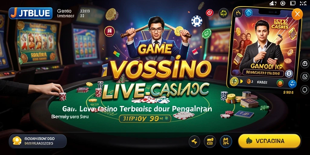 Screenshot JTBLUE menampilkan dealer cantik dan suasana kasino yang autentik.