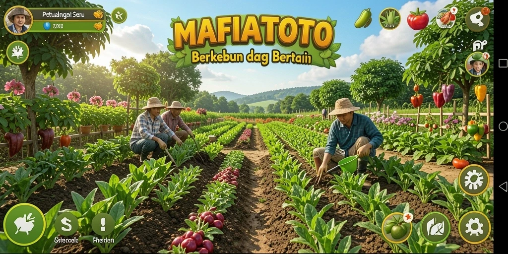 Tangkapan layar gameplay MAFIATOTO menampilkan kebun yang rimbun dan hewan peliharaan lucu.