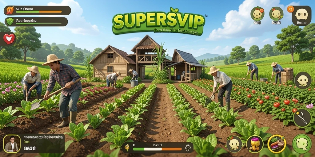 Tampilan gameplay SUPERSVIP dengan kebun yang subur dan aktivitas bertani.
